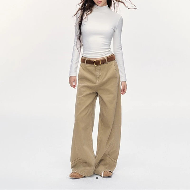 2025 New Casual Khaki Wide Leg Jeans Women Casual Loose High Waist Full Length Trousers American Vintage Streetwear Denim Pants