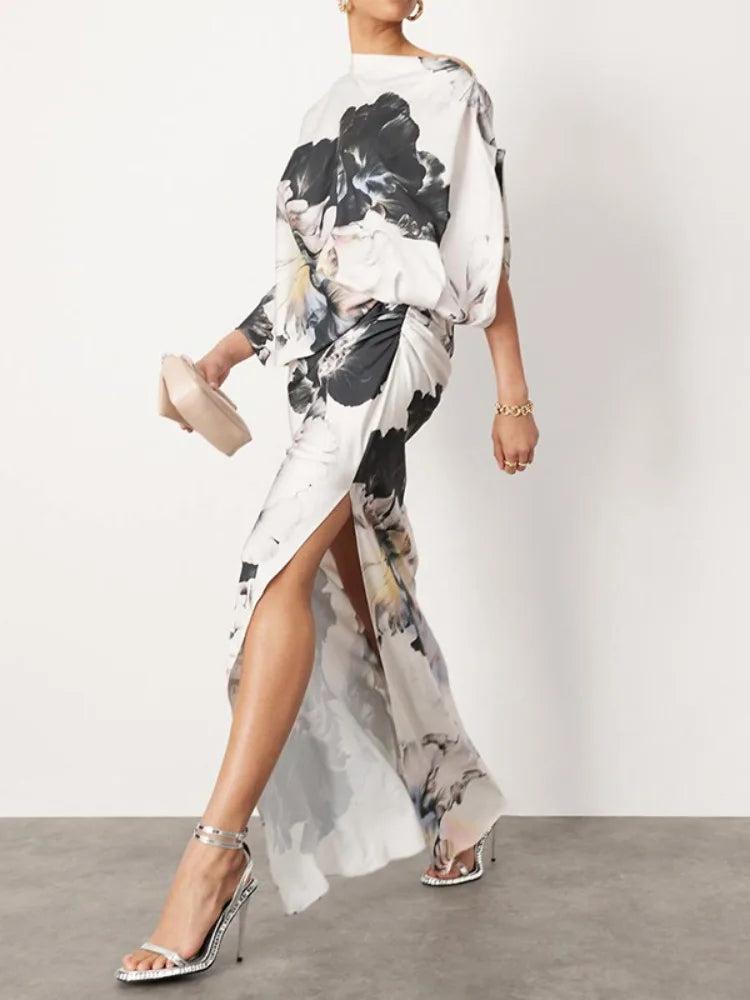 Gymystars Fashion Evening Dresses Floral Printed Long Dress for Women Summer Art Asymmetric Bat Sleeves One-Shoulder Party Dress