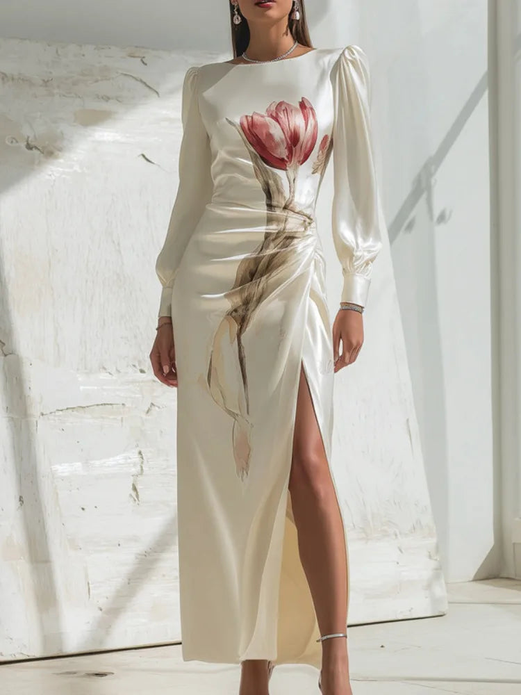 Yeezzi Women Elegant Floral Printed High Split Evening Maxi Dresses 2026 New Long Puff Sleeves Pleated Date Night Party Dress