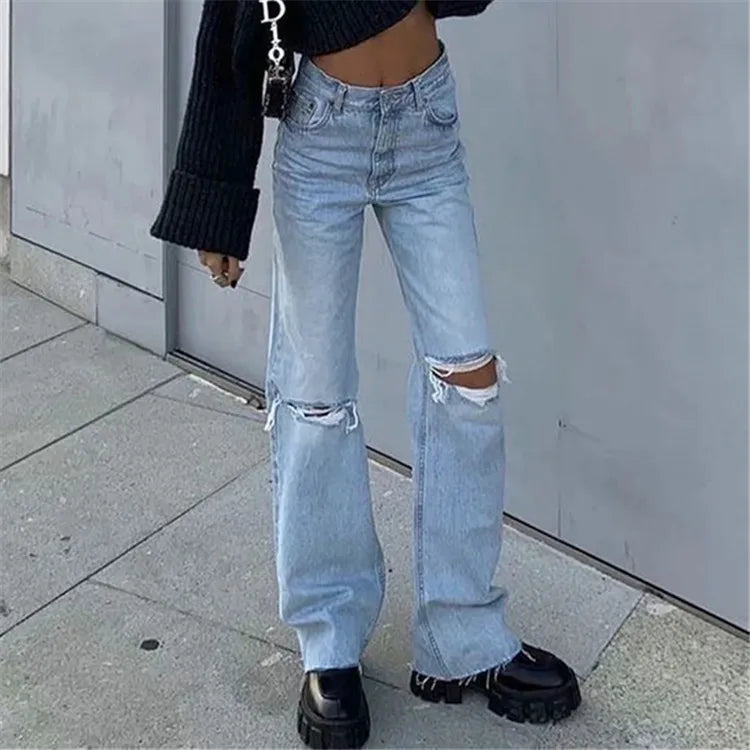 High Waist Wide Leg Denim Jeans Women Blue Jeans Knee Ripped Retro Rosted Versatile Basic Denim Loose Long Pants Fashion Street
