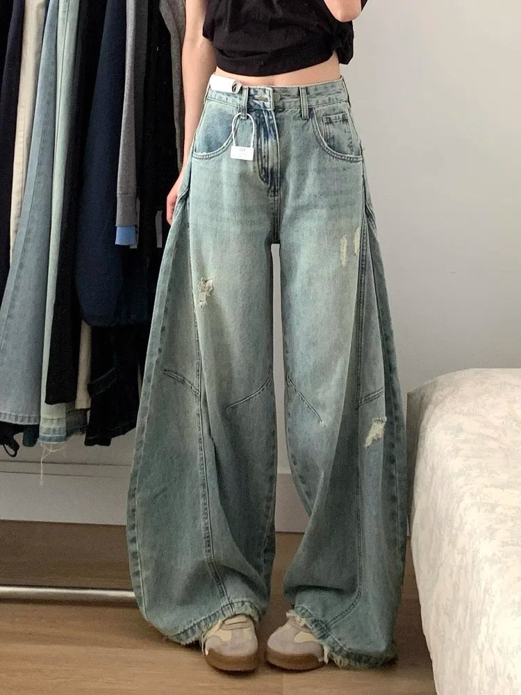 Y2K Blue Distressed Jeans Women Autumn Curved Knife Cut Loose Wide Leg Straight Slim Mop Pants