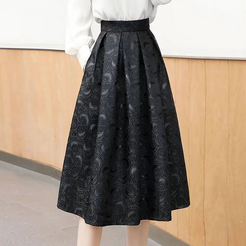 Black Floral Vintage Elegant High Waist Ball Gown A-Line Loose Women's Skirt Knee-Length Long Skirts For Women Clothing Fashion