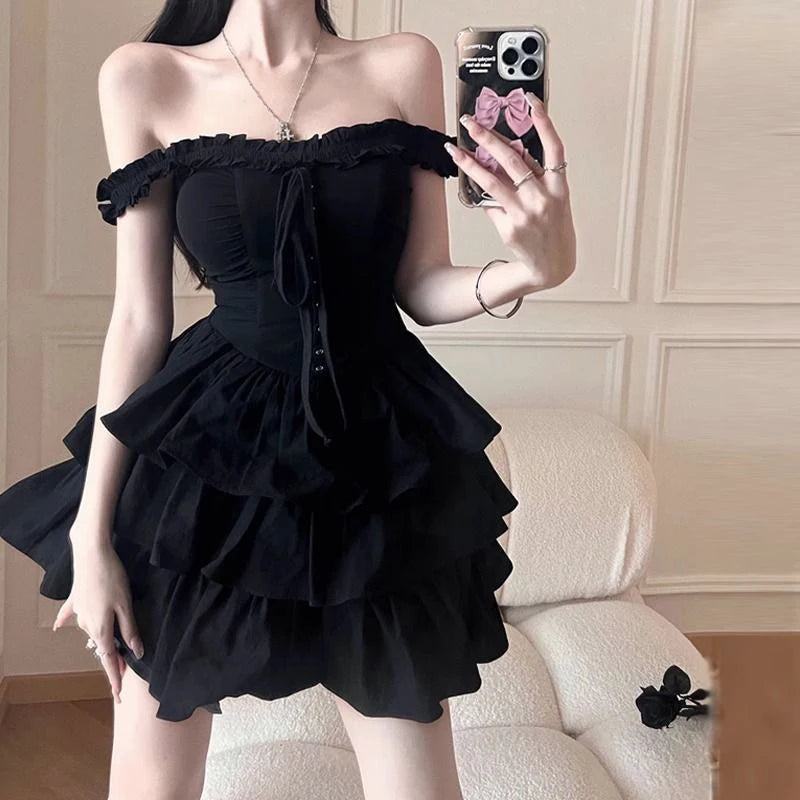Women Spicy Girl Off Shoulder Party Black Suspender Fluffy Fringed Mini Dress